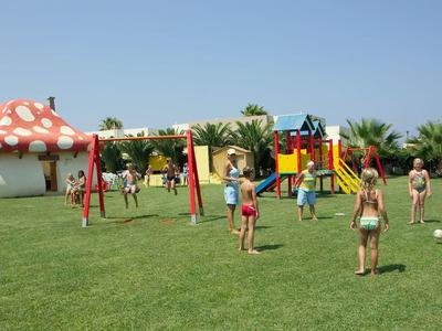 Kinderen spelen op een groot groen grasveld met een kleurrijke speeltuin en paddenstoelenhuis.