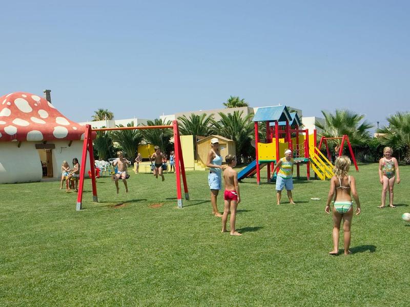 Kinderen spelen op een groot groen grasveld met een kleurrijke speeltuin en paddenstoelenhuis.