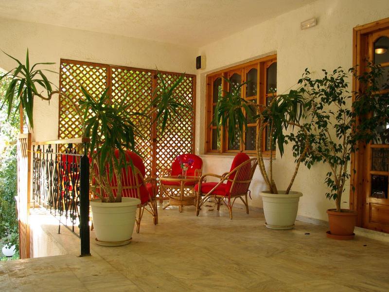 Überdachte Terrasse mit roten Stühlen und großen Pflanzen in Töpfen