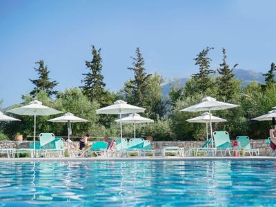 Klares Schwimmbad mit Liegestühlen und Sonnenschirmen vor grünen Bäumen bei klarem Himmel.