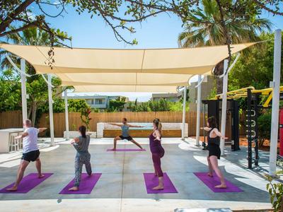 Gruppe von fünf Frauen macht Yoga auf lila Matten unter Sonnensegel im Freien.