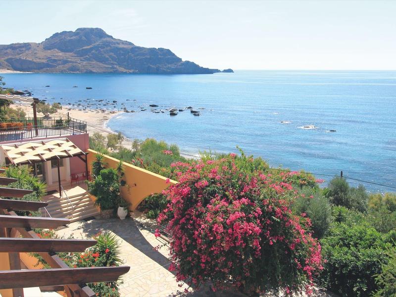 Kustlandschap met uitzicht op zee, bloeiende planten en bergen op de achtergrond.