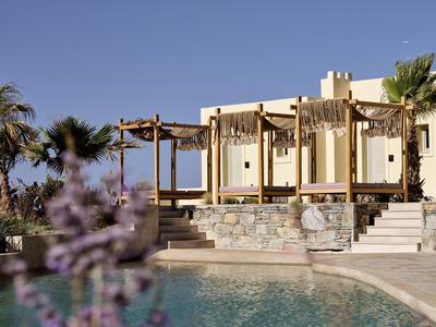 Area esterna moderna con piscina, pergola e palme sotto un cielo limpido.