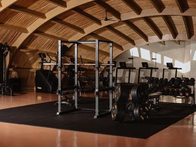 Un gimnasio moderno con varios equipos de entrenamiento de fuerza bajo un techo abovedado de madera.