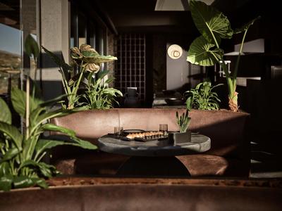 Área de descanso acogedora con sofá de cuero, mesa negra y plantas verdes con luz cálida.