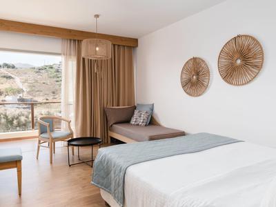 Camera d'hotel luminosa con letto matrimoniale, area salotto, pavimento in legno e vista sulle colline.