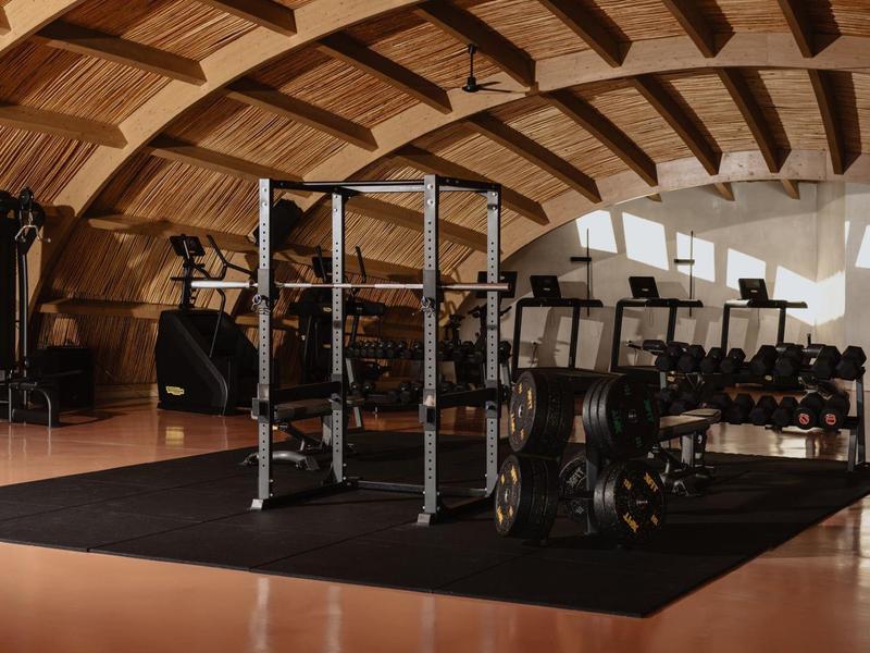 Palestra moderna con soffitto ad arco in legno e varie attrezzature su pavimento nero.