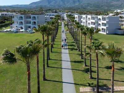 Langer Weg mit Palmen, umgeben von weißen Gebäuden und Bergen im Hintergrund.