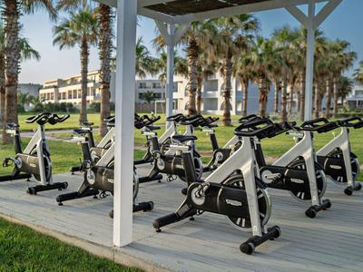 Mehrere stationäre Fahrräder unter einem Pavillon neben Palmen auf einer Hotelwiese.