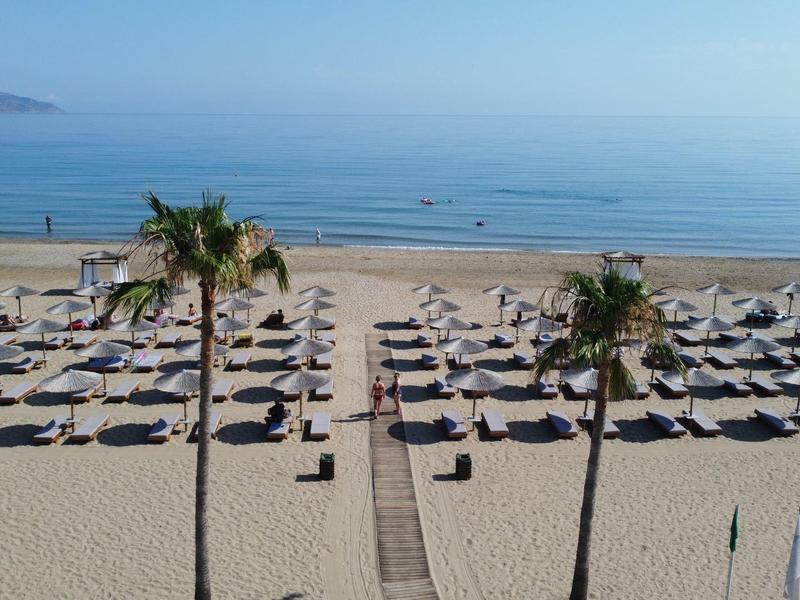 Strand mit Liegen, Sonnenschirmen und Palmen am ruhigen Meer bei klarem Himmel.