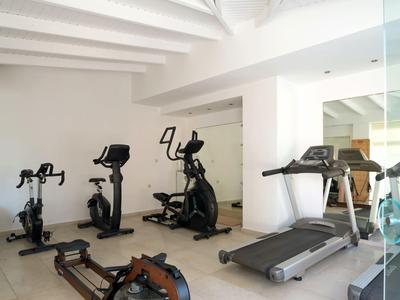 Gimnasio moderno con bicicletas, elípticas, cinta de correr y remo en una habitación luminosa.
