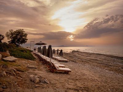 Strand mit Liegestühlen, Bäumen und ruhigem Meer unter bewölktem Himmel bei Sonnenuntergang.