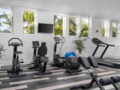 Modern exercise equipment in a bright gym with large windows and greenery outside.