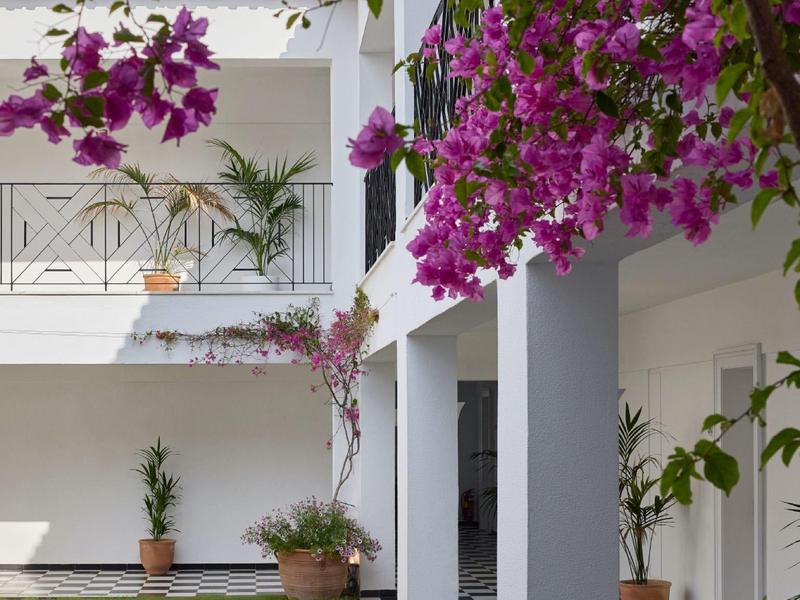 Dvůr s bílou budovou, černo-bílou dlažbou a fialovými kvetoucími rostlinami.