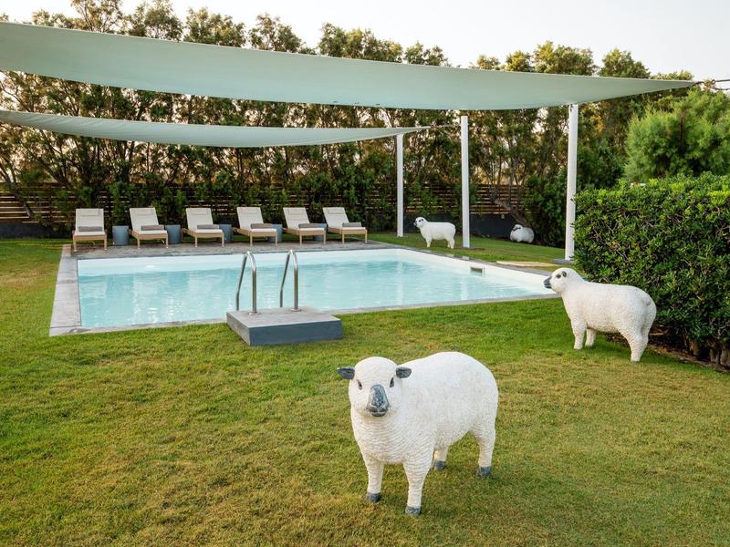 Schwimmbecken im Garten mit grüner Wiese, weißen Schafen und sechs Liegestühlen unter Sonnensegel.