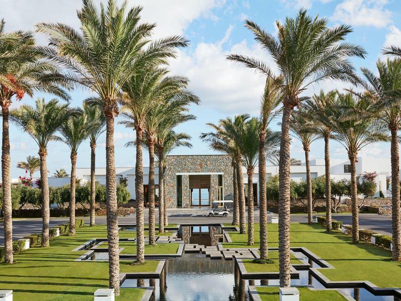 Symmetrischer Garten mit hohen Palmen, grünen Rasenflächen und Wasserwegen unter blauem Himmel.