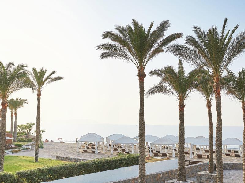 Strand mit Palmen, Liegestühlen und Sonnenschirmen, ruhiges Meer im Hintergrund.