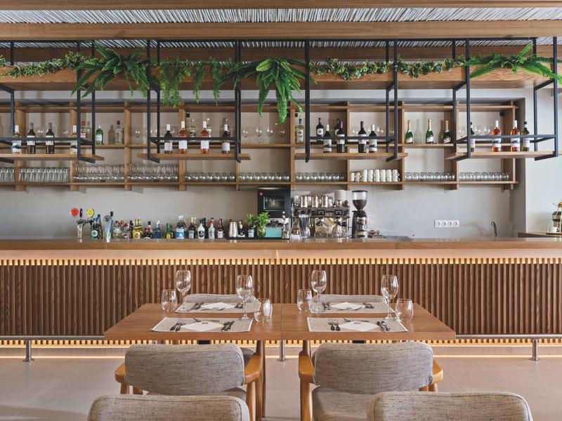 Moderní hotelový bar s dřevěným nábytkem, stoličkami a závěsnými policemi s rostlinami.