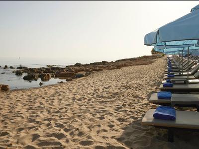 Piaszczysta plaża z leżakami pod niebieskimi parasolami przy spokojnym morzu.