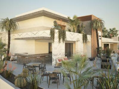 Maison de vacances moderne avec terrasse, palmiers et espaces extérieurs au coucher du soleil.