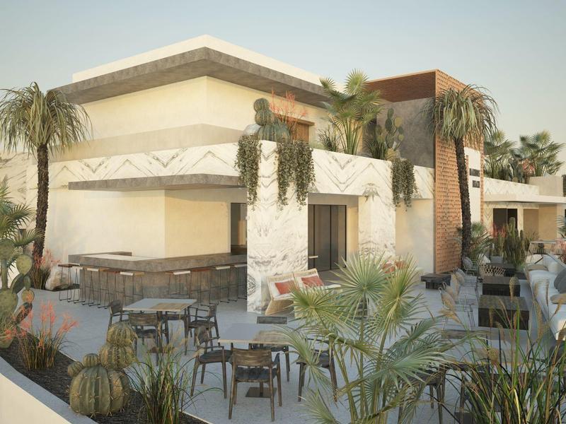 Casa moderna con amplia terraza, muebles de jardín y plantas tropicales al atardecer.