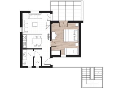 Grundriss eines Apartments mit Wohnzimmer, Küche, Badezimmer und Schlafzimmer mit Balkon.