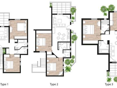 Drei verschiedene Grundrisse von Häusern mit Wohnzimmern, Küchen und Schlafzimmern dargestellt.