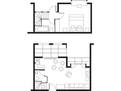 Grundriss eines zweistöckigen Hauses mit Wohnzimmer, Küche und Schlafzimmer.