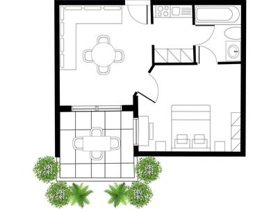 Grundriss eines Hotelzimmers mit Schlafzimmer, Bad, Wohnzimmer und Balkon mit Pflanzen.