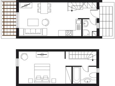 Grundriss eines zweistöckigen Apartments mit Wohnzimmer, Küche, Schlafzimmer und Badezimmer.