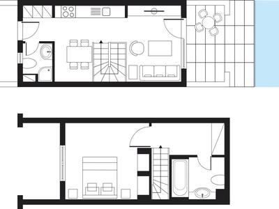 Grundriss eines zweistöckigen Ferienhauses mit Schlafzimmer, Badezimmer, Küche, Wohnbereich und Terrasse mit Pool.