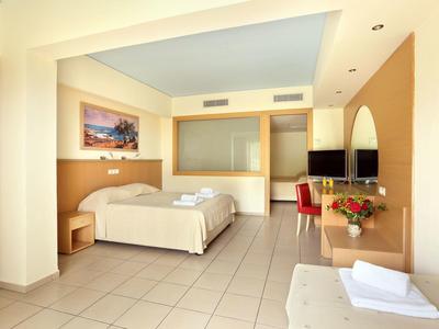 Camera d'hotel luminosa con letto matrimoniale, TV e scrivania.