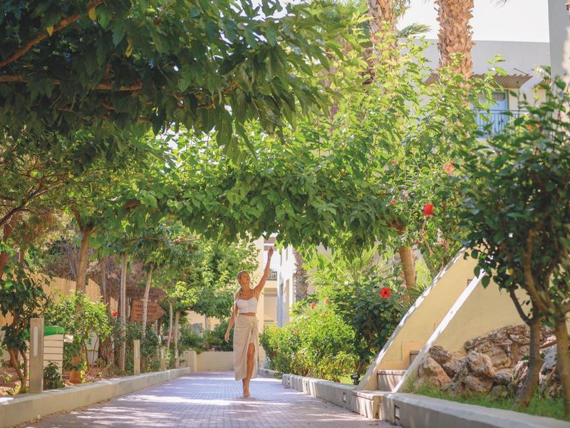 Donna che cammina su un sentiero fiancheggiato da alberi in un ambiente tropicale soleggiato.