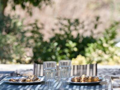 Teller mit Kuchen und Gläser auf gestreiftem Tisch im Freien mit grüner Natur im Hintergrund.