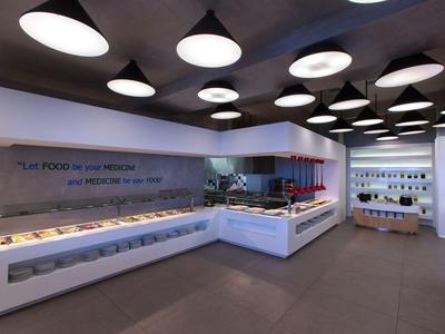 Modern kitchen area with white cabinets and stylish lighting in a hotel