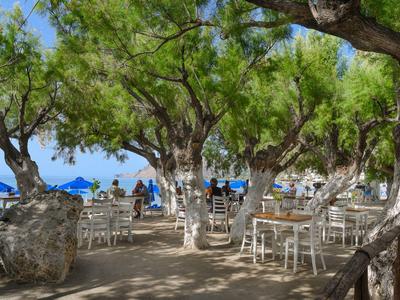 Teren na zewnątrz kawiarni z białymi krzesłami i stołami pod drzewami przy plaży