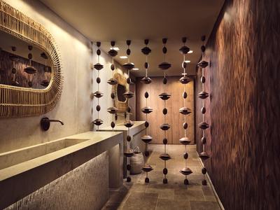 Moderner Raum mit rutschfestem Waschbecken, Katzenkletterwand und Vorhang aus Holzperlen.