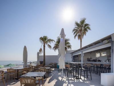 Terraza de un café en la playa con mesas, sillas y palmeras bajo un cielo despejado.