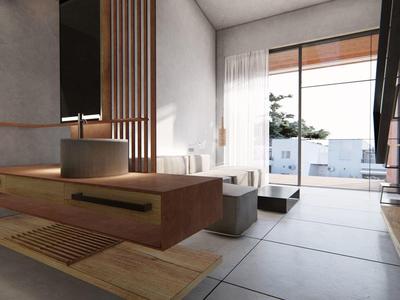 Salle de bain moderne avec baignoire indépendante et grande fenêtre donnant sur l'extérieur.