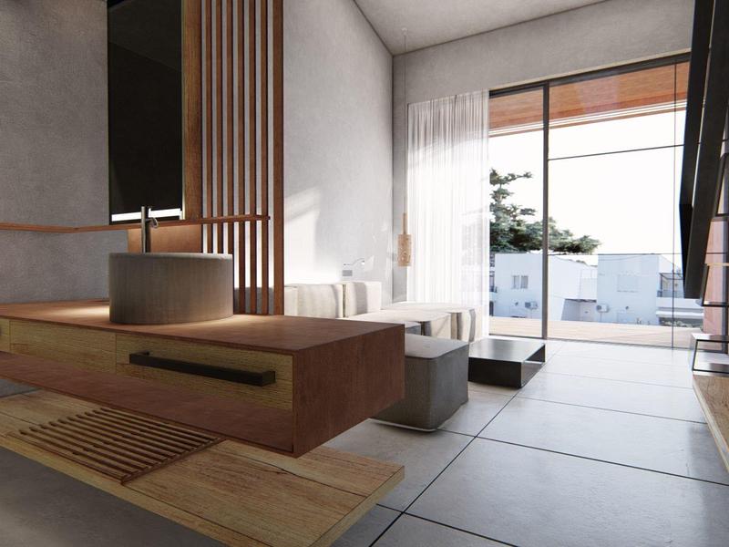 Salle de bain moderne avec baignoire indépendante et grande fenêtre donnant sur l'extérieur.