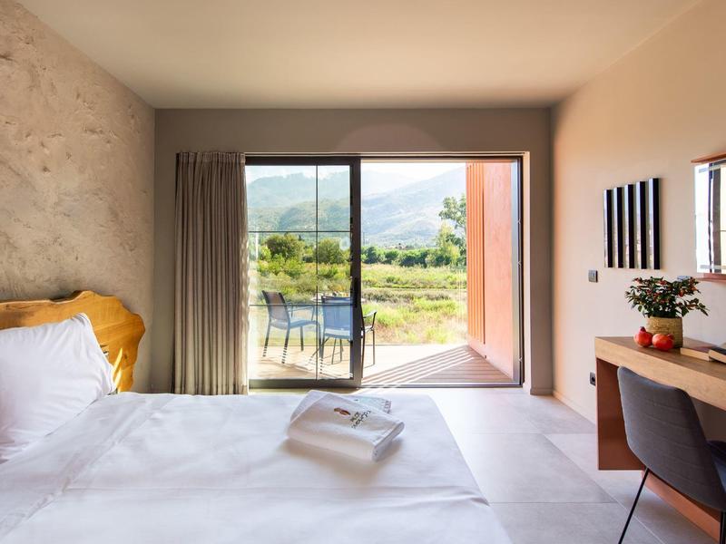 Chambre d'hôtel lumineuse avec lit, bureau et vue sur la terrasse et les montagnes.