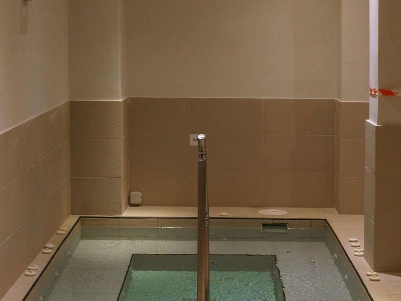 Small indoor spa pool with handrail and lounge chair in a beige room.
