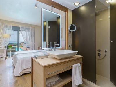 Habitación de hotel con baño integrado, ducha moderna y vista al mar.