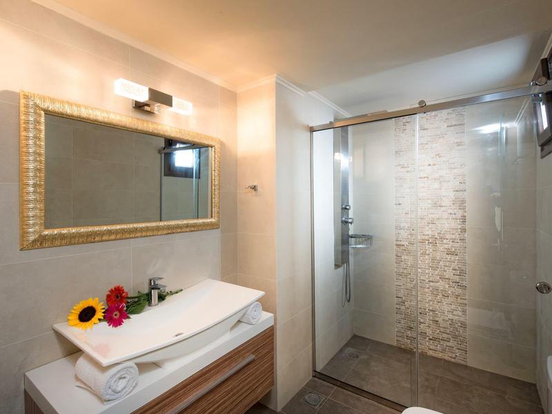 Moderne badkamer met grote douchecabine, wasbak en decoratieve spiegel.