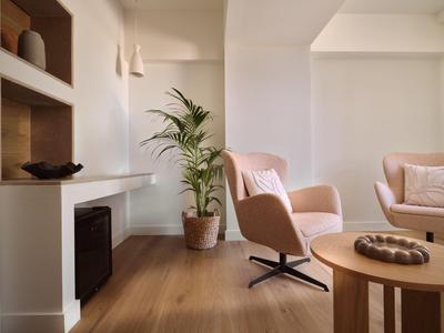 Helles Wohnzimmer mit modernen Sesseln, großem Topfpflanze und Holzboden in einem Hotel.