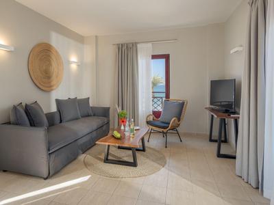 Sala de estar moderna con sofá gris, sillón, mesa de centro y televisor junto a ventana con cortinas.