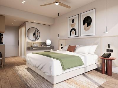 Habitación de hotel moderna con cama grande, suelo de madera y decoración minimalista.