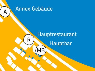 Karte zeigt ein Hotelgelände mit Hauptrestaurant, Hauptbar und Annex Gebäude am Strand.