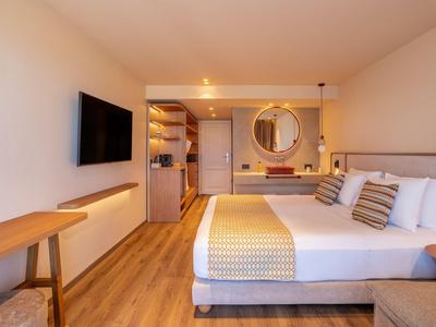 Modernes Hotelzimmer mit Doppelbett, TV an der Wand und Holzverkleidung.