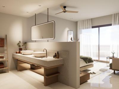 Helles, modernes Hotelzimmer mit Balkon, Doppelbett und offener Badewanne.